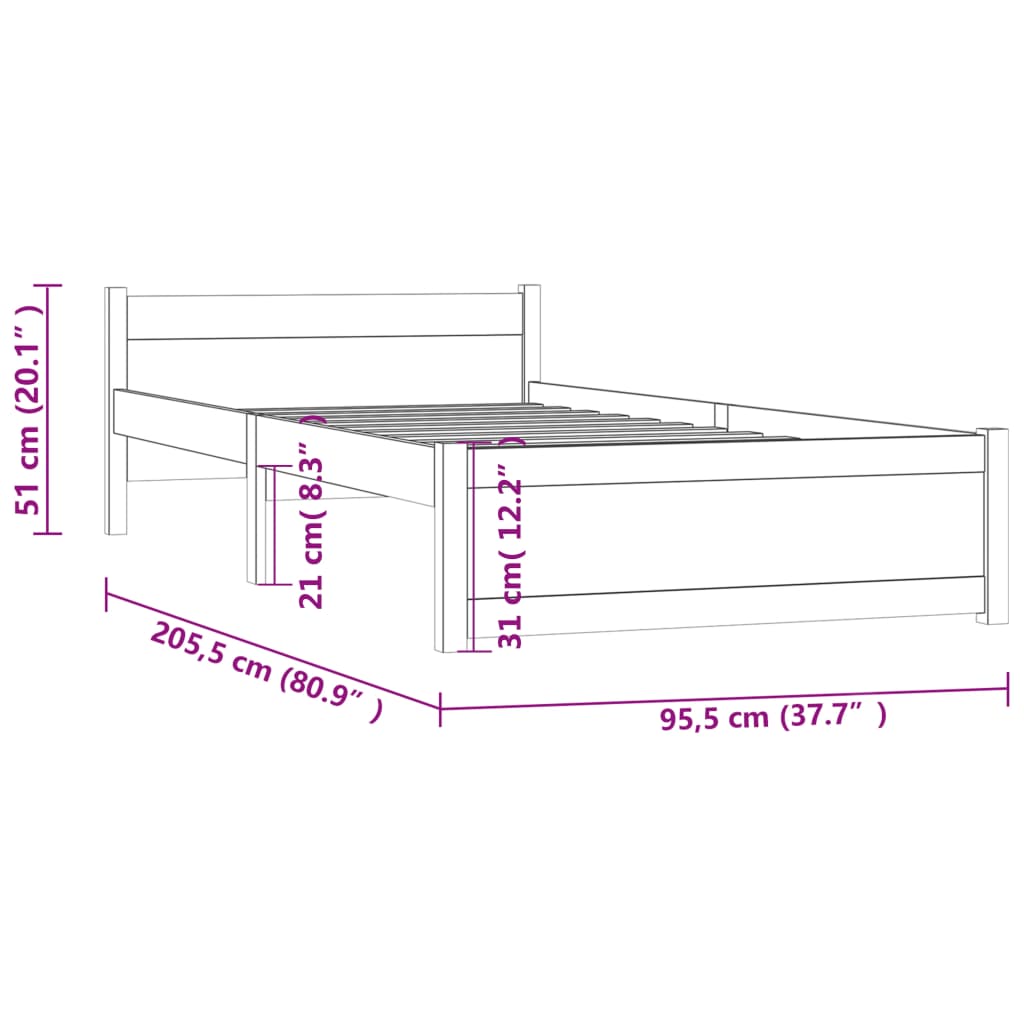 vidaXL Posteľný rám biely masívne drevo 90x200 cm