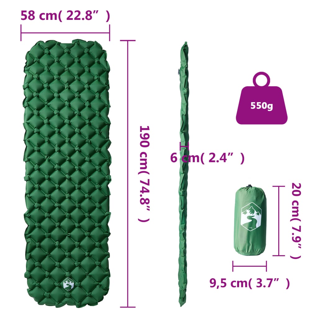 vidaXL Nafukovací kempingový matrac 1 osoba zelený 190x58x6 cm
