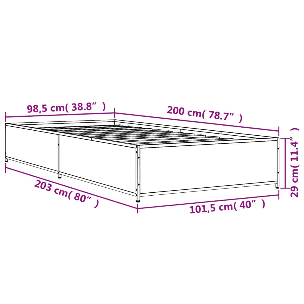 vidaXL Posteľný rám hnedý dub 100x200 cm kompozitné drevo a kov