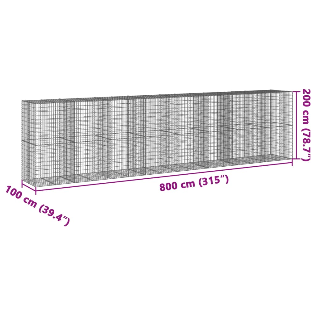 vidaXL Gabiónový kôš s krytom 800x100x200 cm pozinkované železo