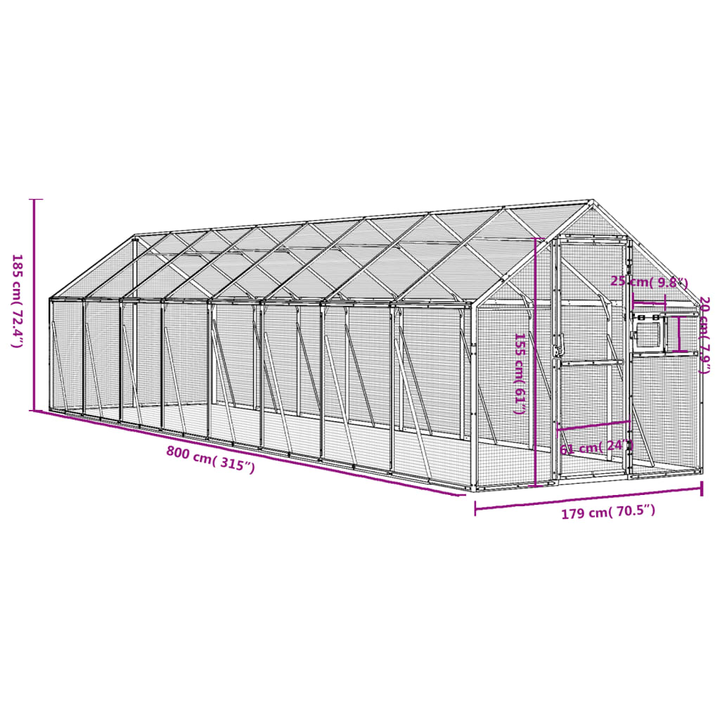 vidaXL Voliéra strieborná 1,79x8x1,85 m hliník