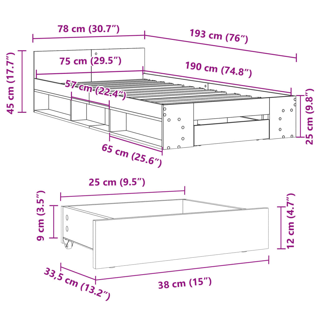 vidaXL Posteľný rám so zásuvkou dub sonoma 75x190 cm kompozitné drevo