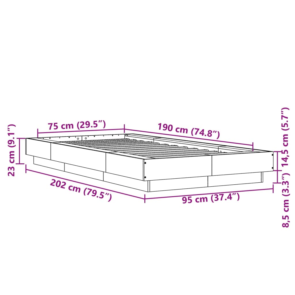 vidaXL Posteľný rám s LED svetlami hnedý dub 75x190cm kompozitné drevo