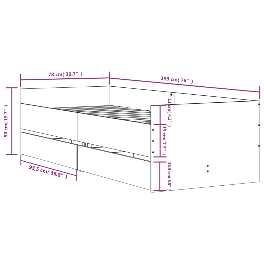 vidaXL Rám postele so zásuvkami betónový sivý 75x190cm malé jednolôžko