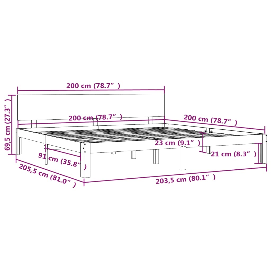 vidaXL Posteľný rám z masívneho dreva 200x200 cm