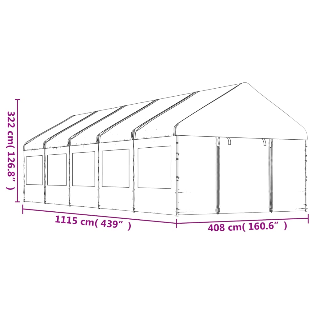 vidaXL Altánok so strechou, biely 11,15x4,08x3,22 m, polyetylén