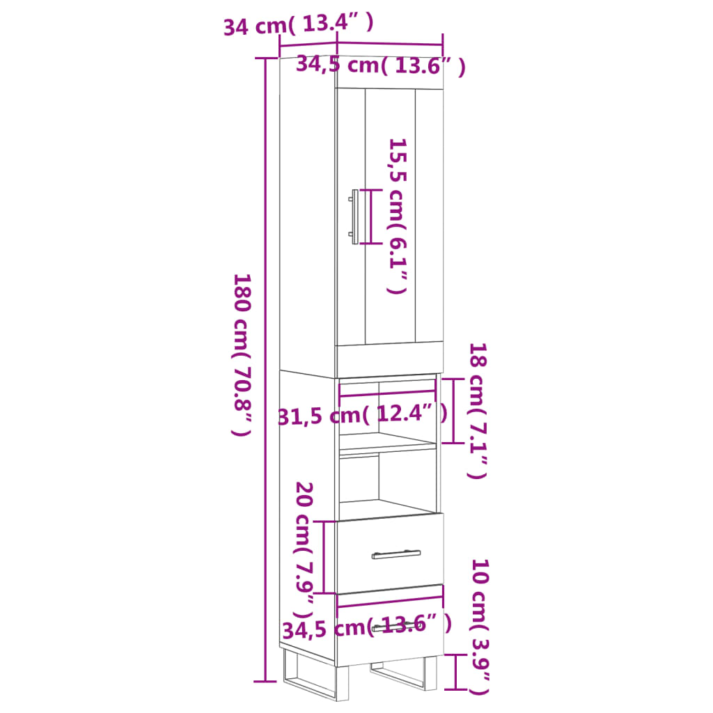 vidaXL Vysoká skrinka biela 34,5x34x180 cm spracované drevo