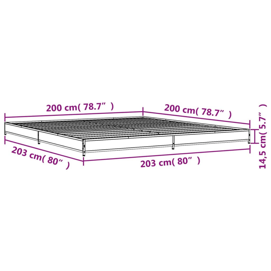 vidaXL Posteľný rám hnedý dub 200x200 cm kompozitné drevo a kov