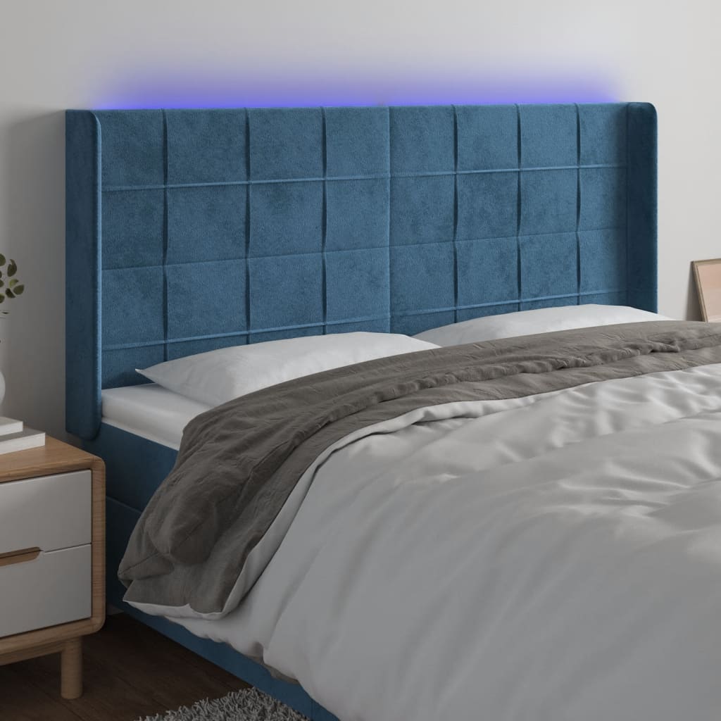 vidaXL Čelo postele s LED tmavomodré 163x16x118/128 cm zamat