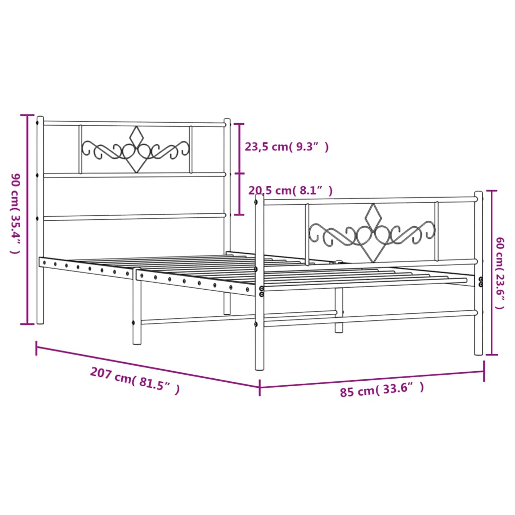 vidaXL Kovový rám postele s čelom a podnožkou čierny 80x200 cm