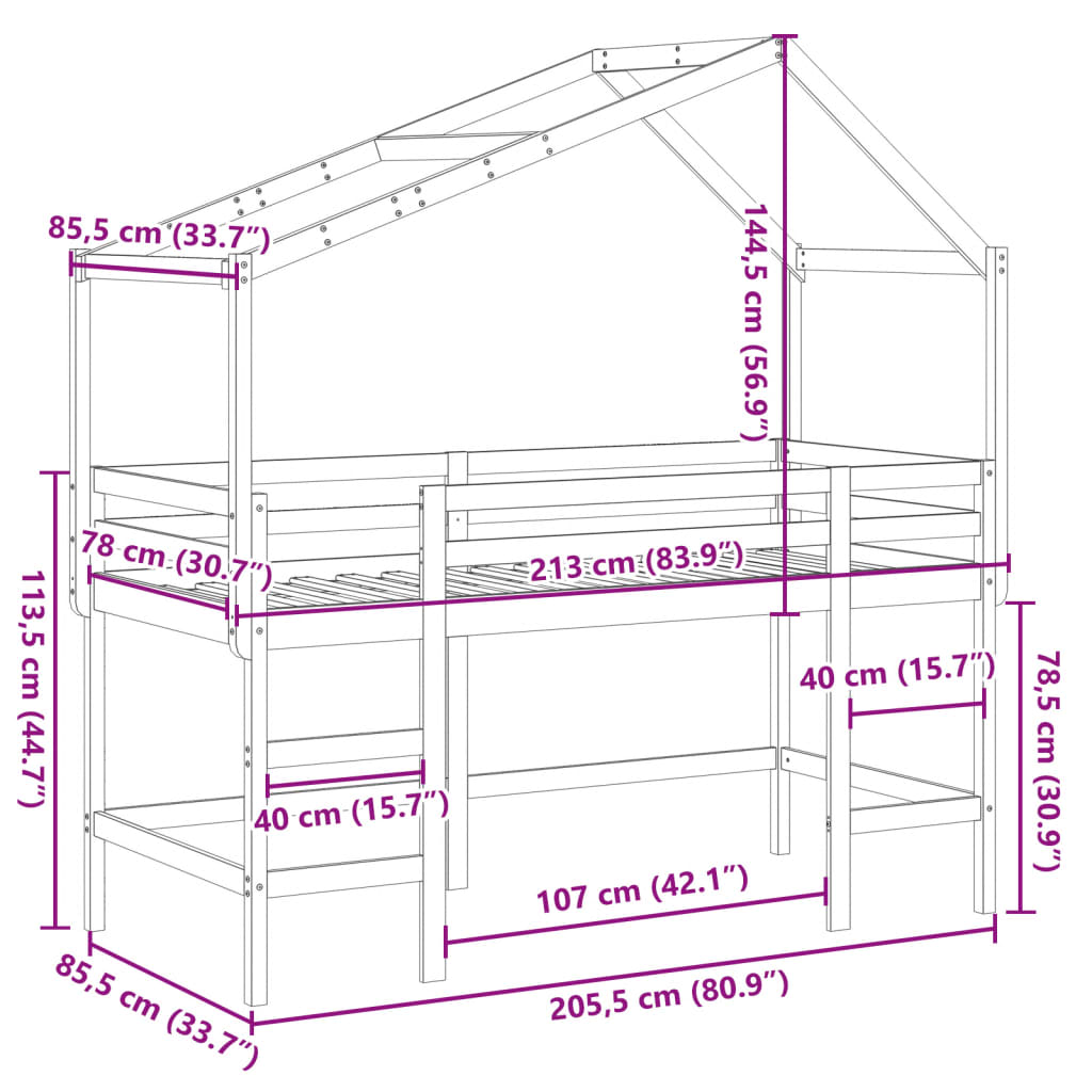 vidaXL Vyvýšená posteľ rebrík strecha 80x200 cm masívna borovica