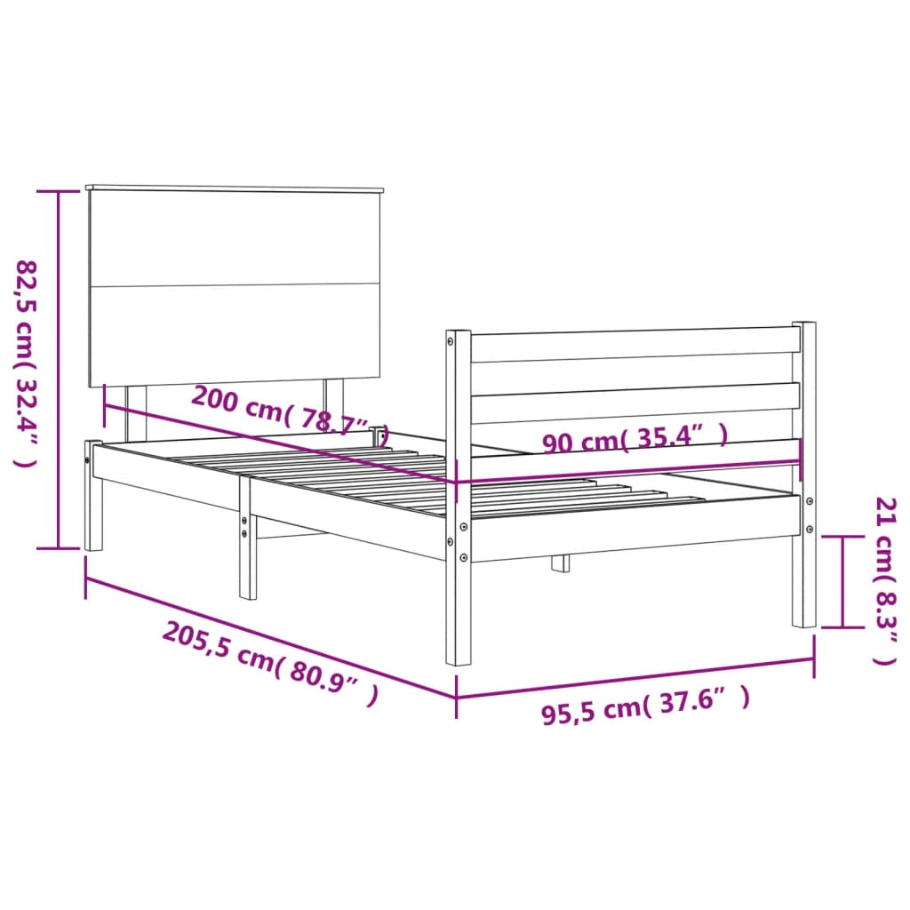 vidaXL Posteľný rám s čelom biely 90x200 cm masívne drevo