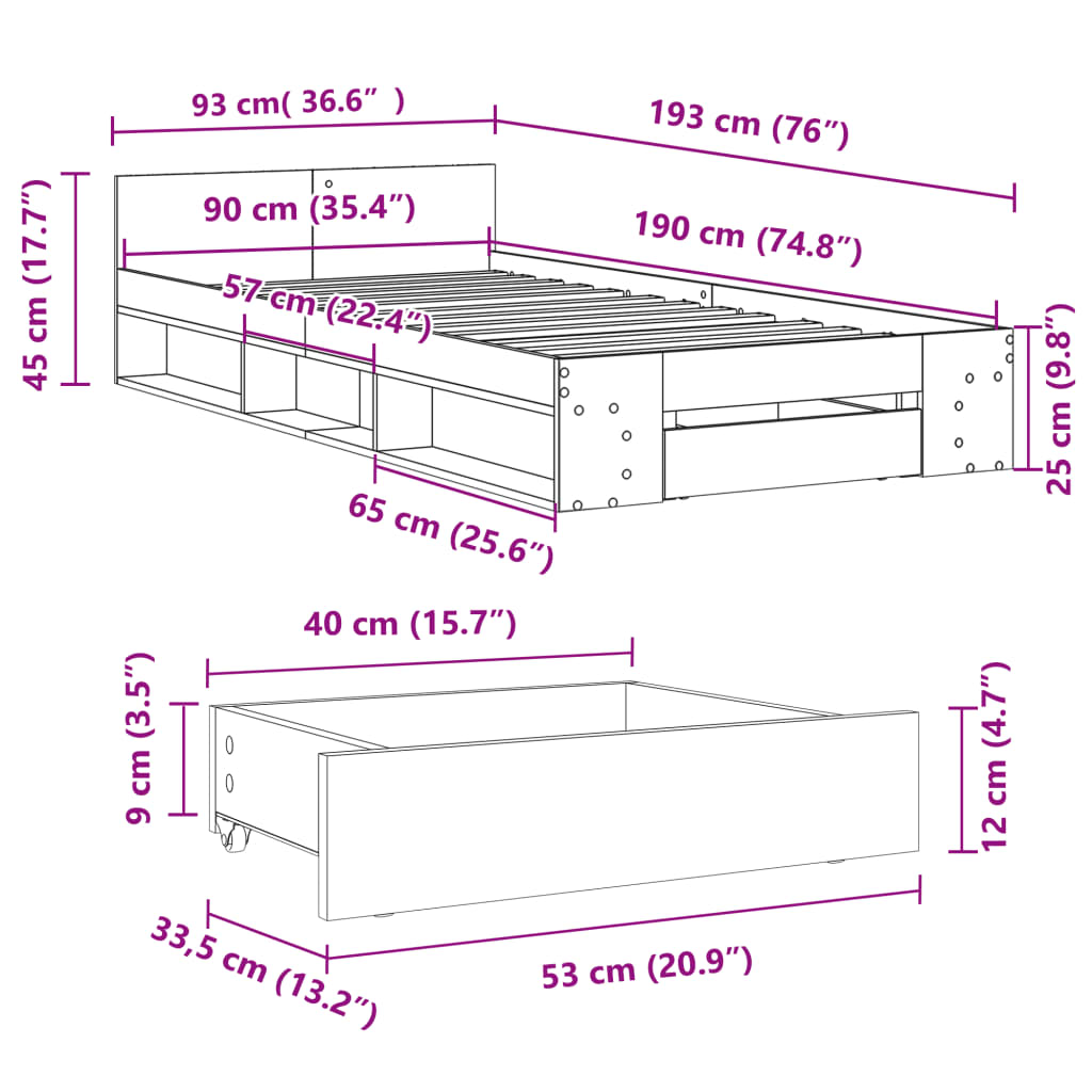 vidaXL Posteľný rám so zásuvkami dub sonoma 90x190 cm kompozitné drevo