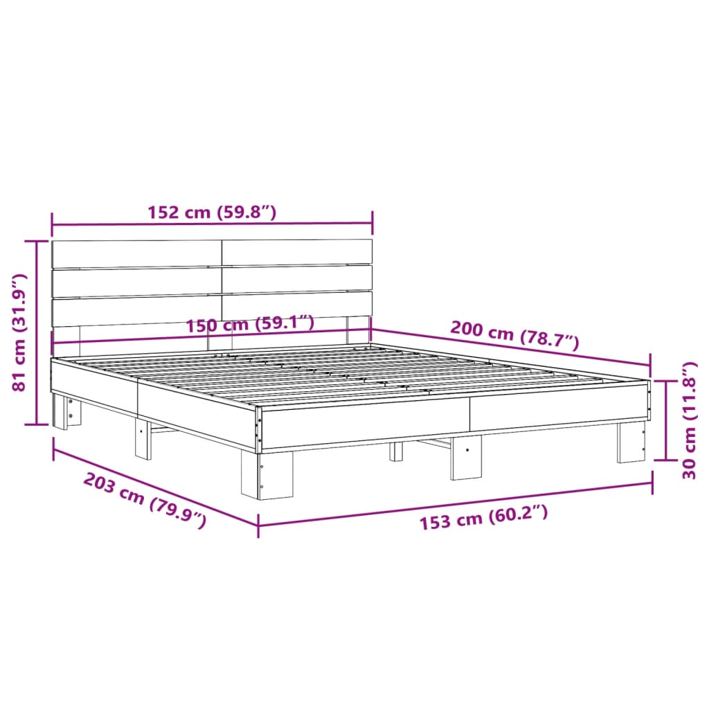 vidaXL Posteľný rám dymový dub 150x200 cm kompozitné drevo a kov