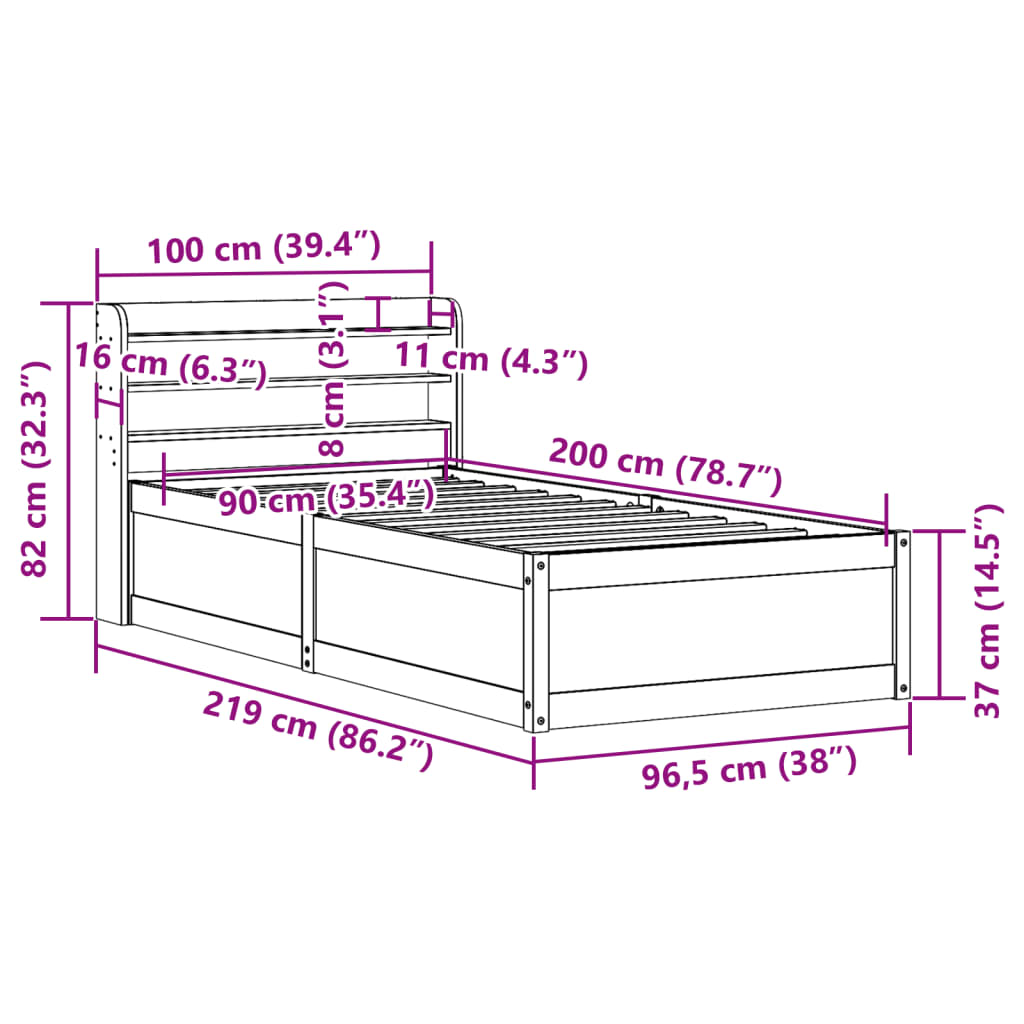 vidaXL Posteľný rám s čelom biely 90x200 cm masívna borovica