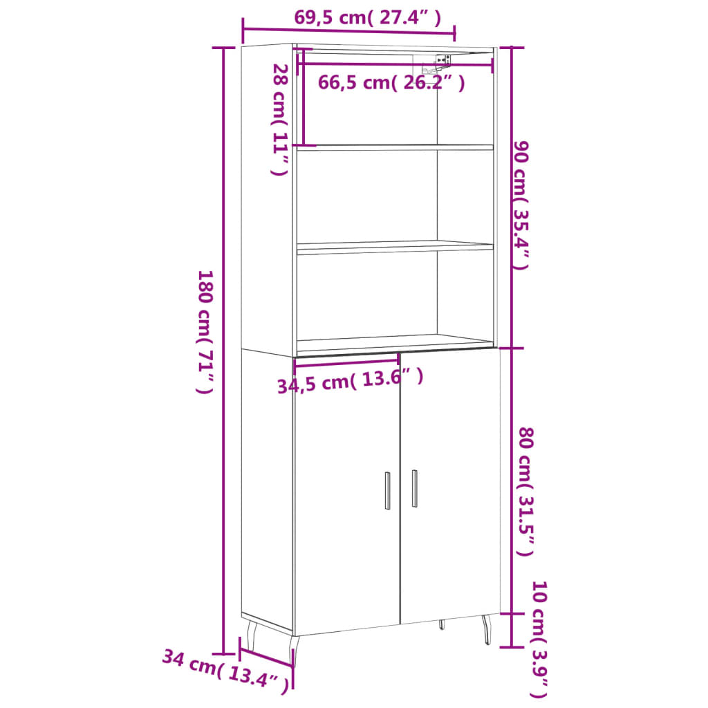 vidaXL Vysoká skrinka dymový dub 69,5x34x180 cm spracované drevo