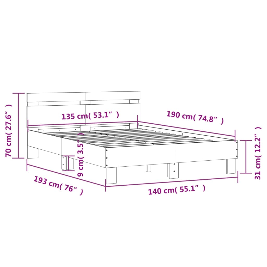 vidaXL Posteľný rám s čelom biely 135x190 cm kompozitné drevo