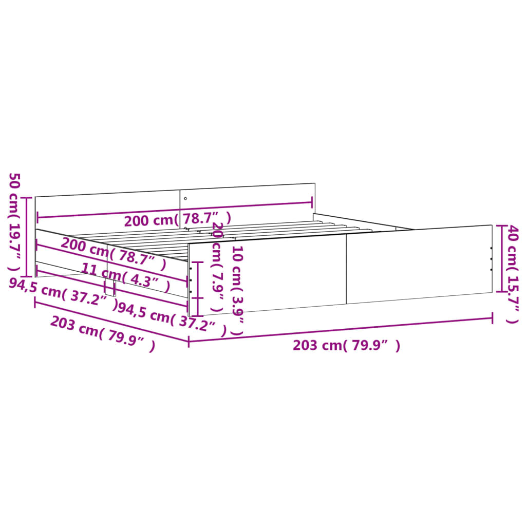 vidaXL Posteľný rám s predným a zadným čelom, tmavý dub 200x200 cm