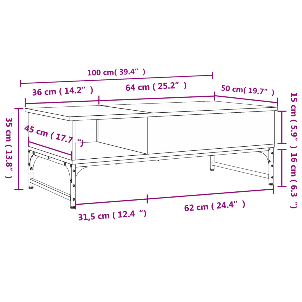 vidaXL Konferenčný stolík dymový dub 100x50x35 cm kompozit.drevo a kov