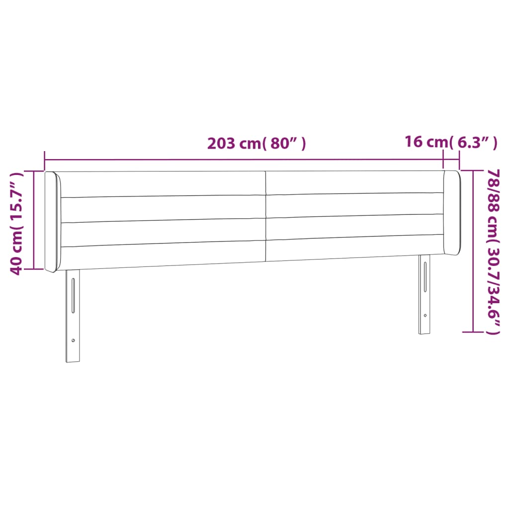 vidaXL Čelo postele s LED bledosivé 203x16x78/88 cm zamat