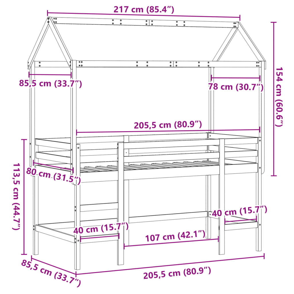 vidaXL Vyvýšená posteľ rebrík strecha biela 80x200 cm masívna borovica