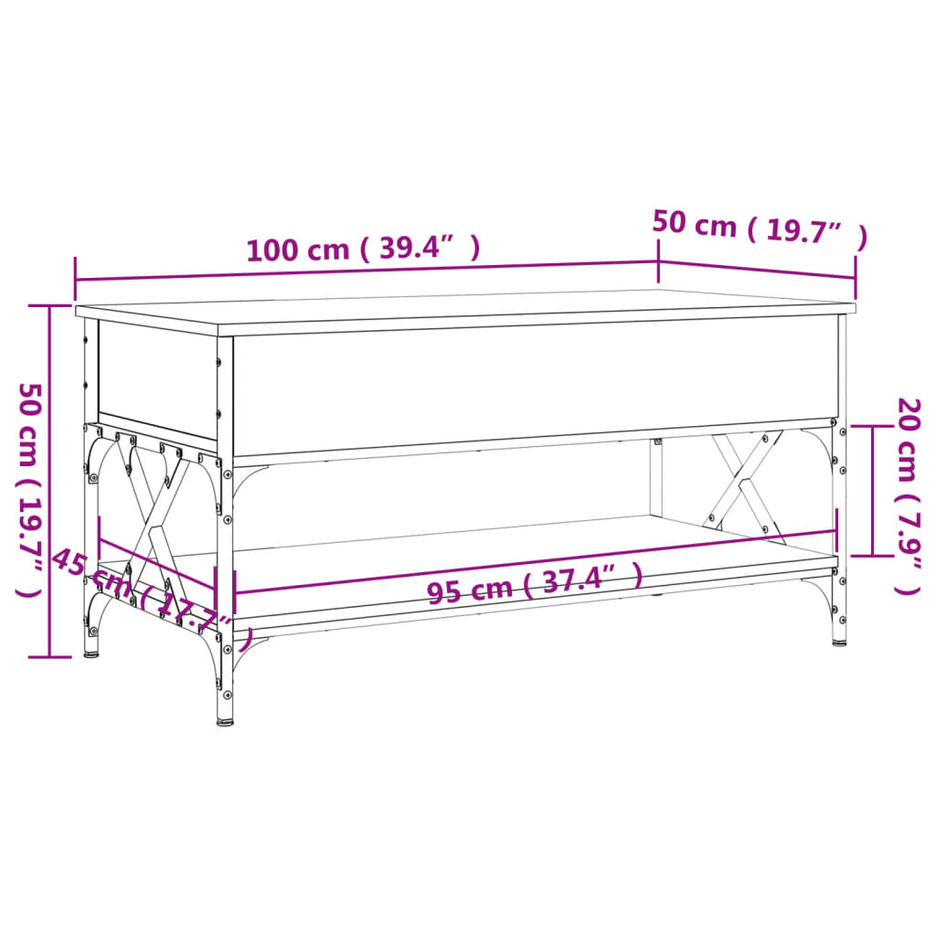 vidaXL Konferenčný stolík dymový dub 100x50x50 cm kompozit.drevo a kov