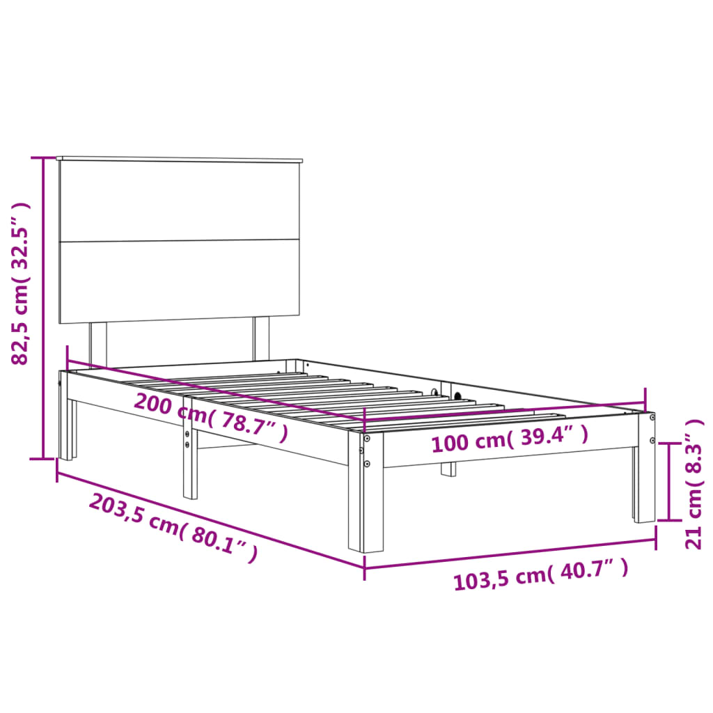 vidaXL Rám postele s čelom biely 100x200 cm masívne drevo