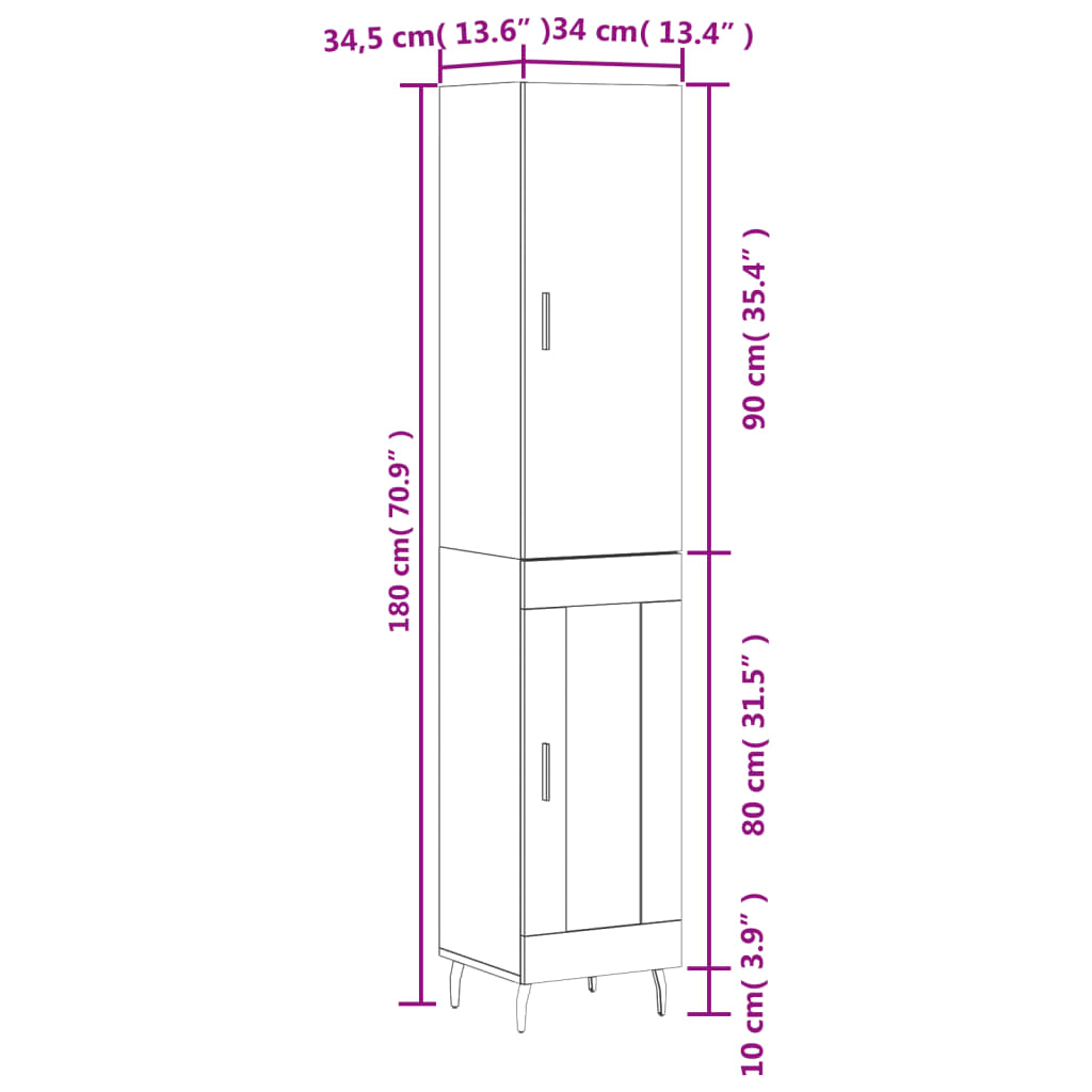 vidaXL Vysoká skrinka biela 34,5x34x180 cm spracované drevo