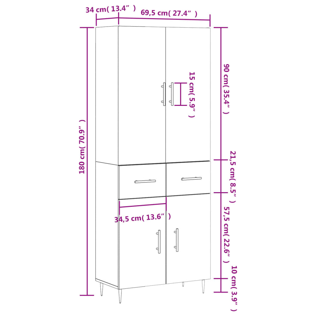 vidaXL Vysoká skrinka sivý dub sonoma 69,5x34x180 cm spracované drevo