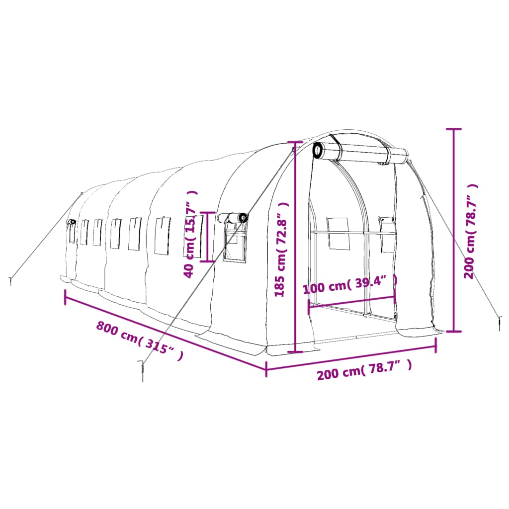 vidaXL Fóliovník s oceľovým rámom biely 16 m² 8x2x2 m