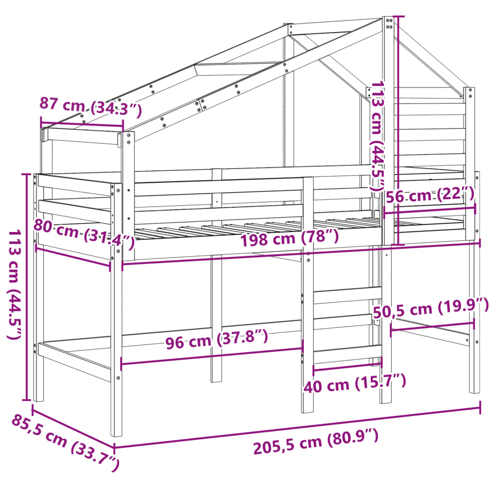 vidaXL Vyvýšená posteľ rebrík strecha 80x200 cm masívna borovica