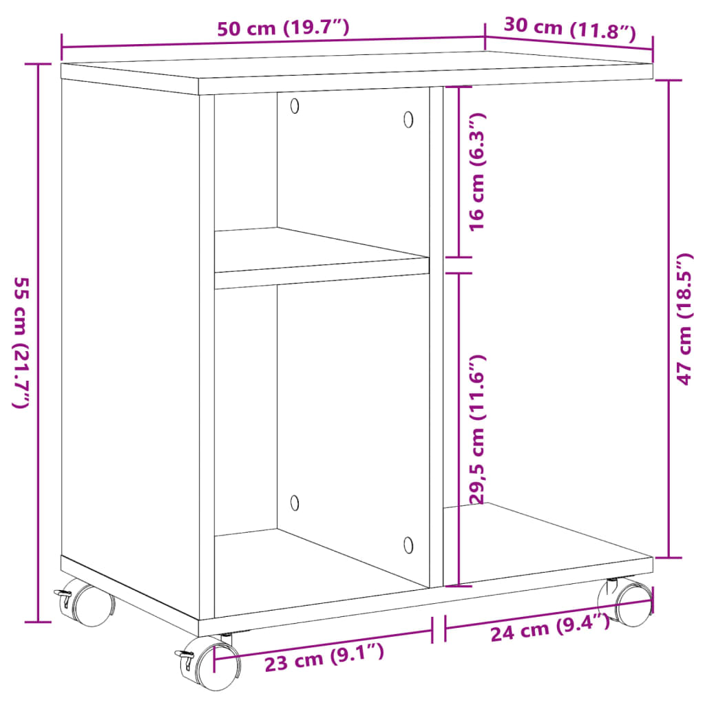 vidaXL Bočný stolík s kolieskami betónový 50x30x55 cm kompozitné drevo