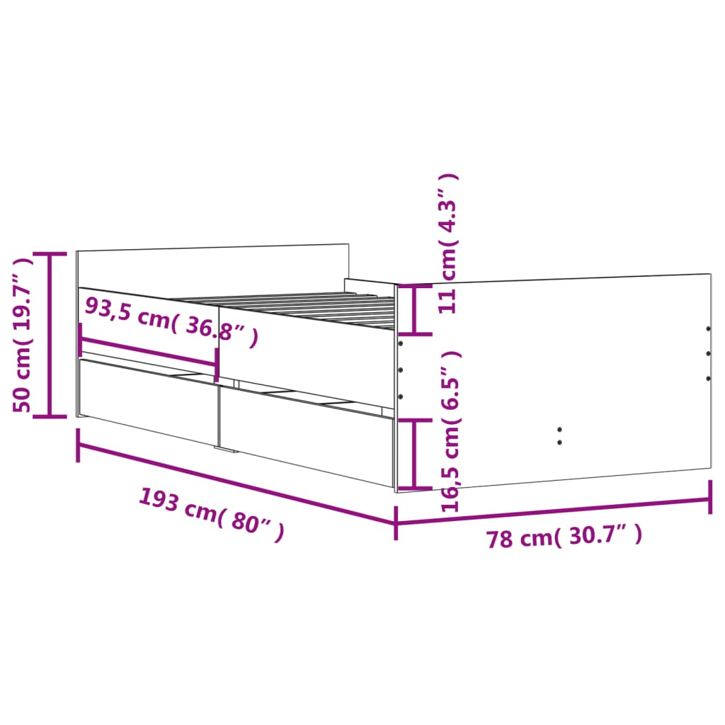 vidaXL Rám postele so zásuvkami betónový sivý 75x190cm malé jednolôžko