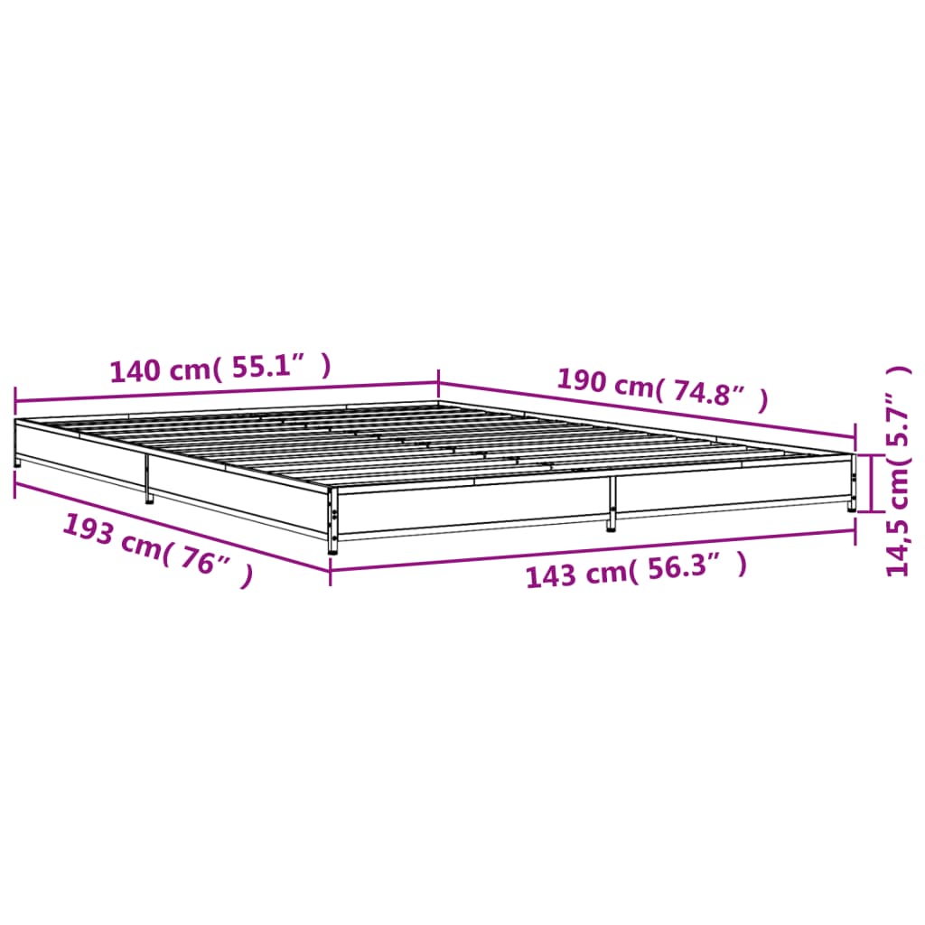 vidaXL Posteľný rám dub sonoma 140x190 cm kompozitné drevo a kov