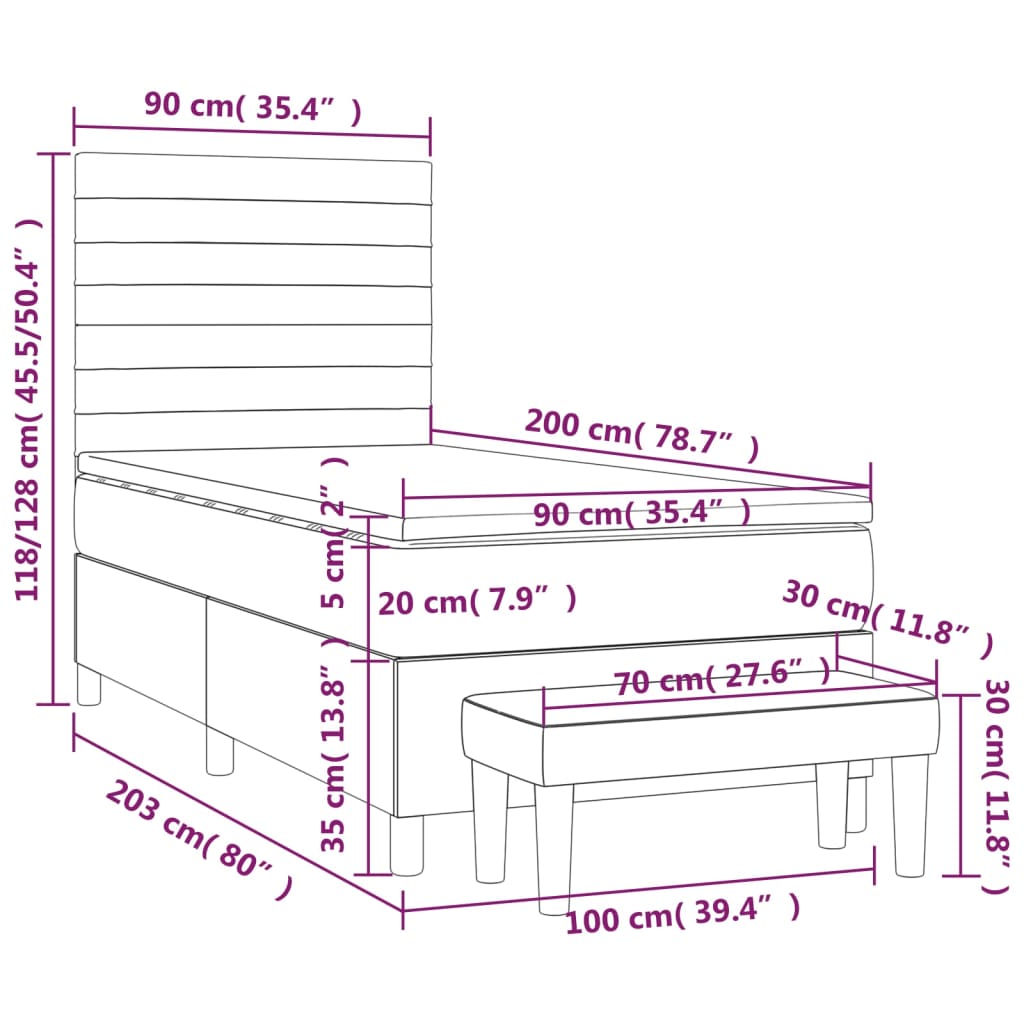 vidaXL Posteľný rám boxsping s matracom bledosivý 90x200 cm látka