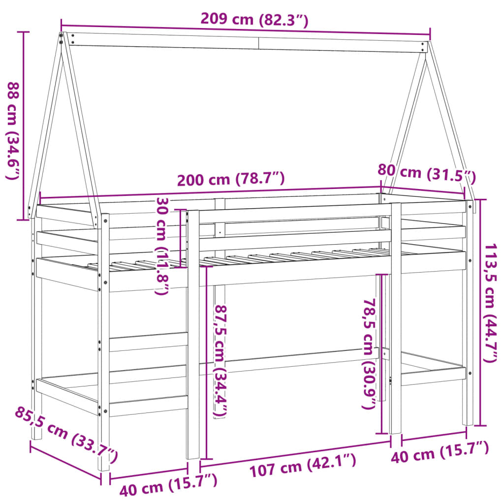 vidaXL Vyvýšená posteľ rebrík strecha 80x200 cm masívna borovica