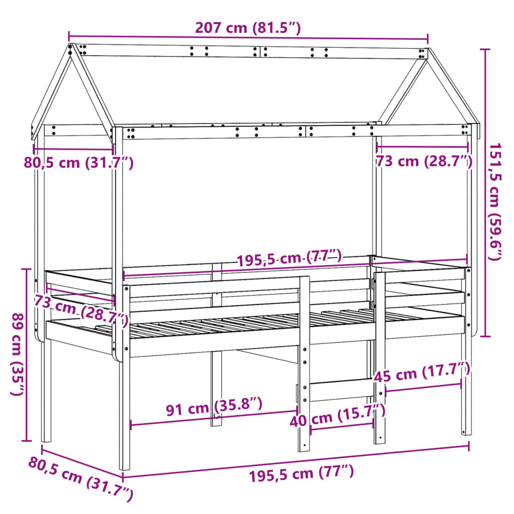 vidaXL Vysoká posteľ so strechou 75x190 cm borovicový masív