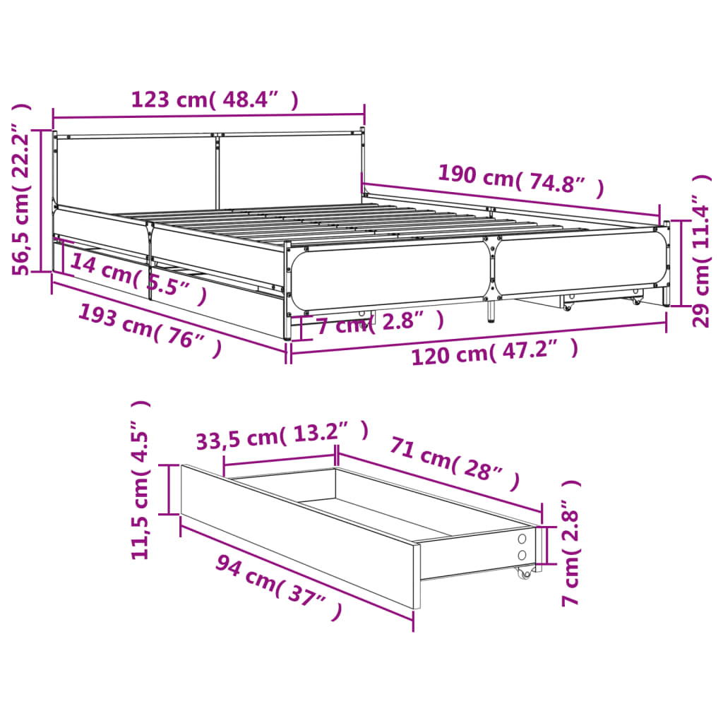 vidaXL Posteľný rám so zásuvkami dub sonoma 120x190cm kompozitné drevo