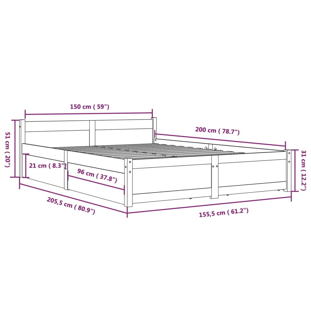 vidaXL Posteľný rám so zásuvkami biely 150x200 cm 5FT King