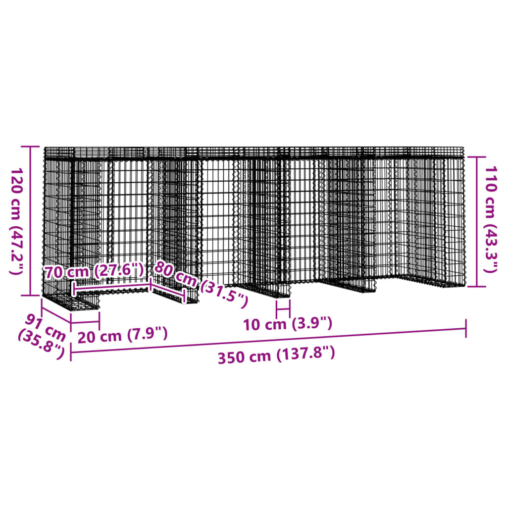 vidaXL Gabiónová stena na smetný kôš 350x91x120 cm, pozinkované železo