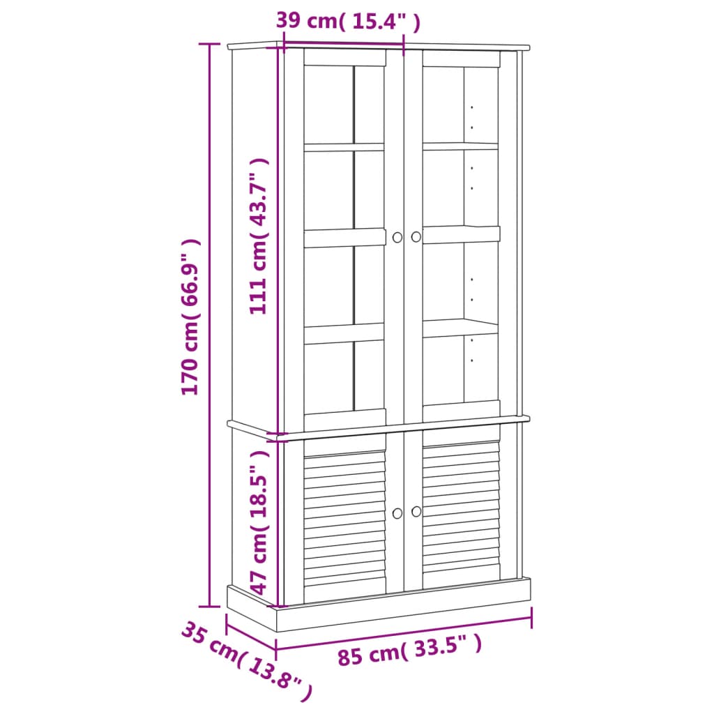 vidaXL Sklenená vitrína VIGO sivá 85x35x170 cm masívna borovica