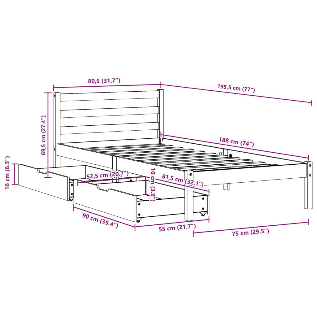 vidaXL Posteľ bez matraca biela 75x190 cm masívna borovica