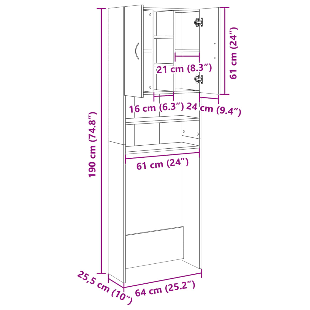 vidaXL Skrinka na práčku, dub sonoma 64x25,5x190 cm