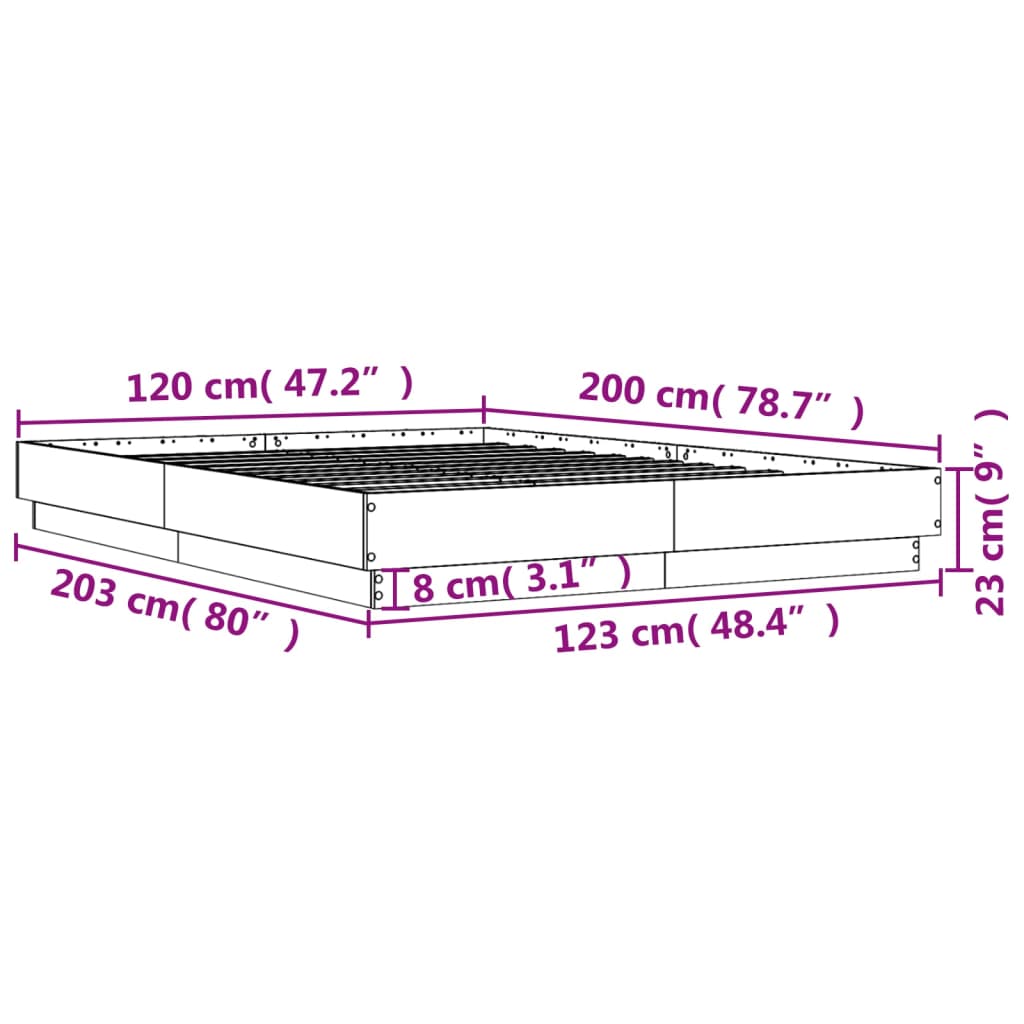 vidaXL Rám postele s LED svetlami dymový dub 120x200 cm