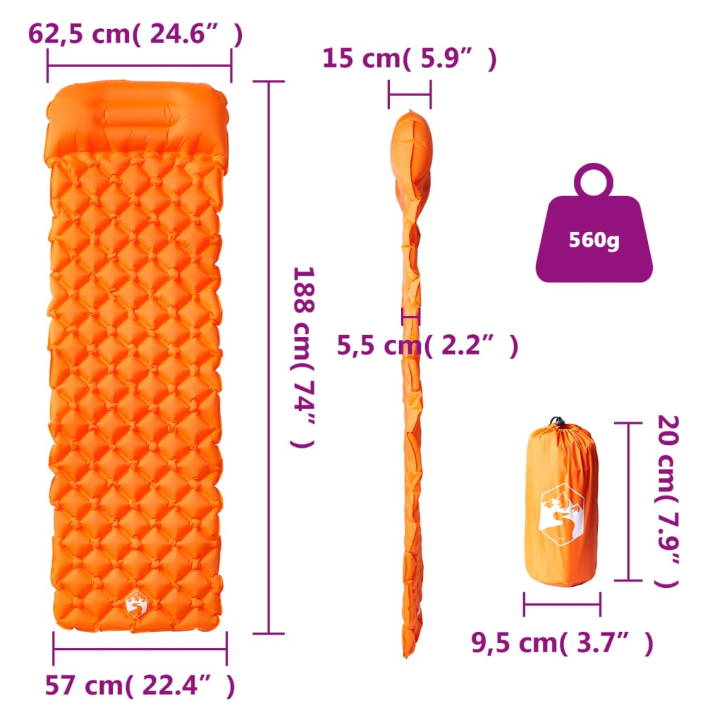vidaXL Nafukovací kempingový matrac s vankúšom, 1 osoba, oranžový