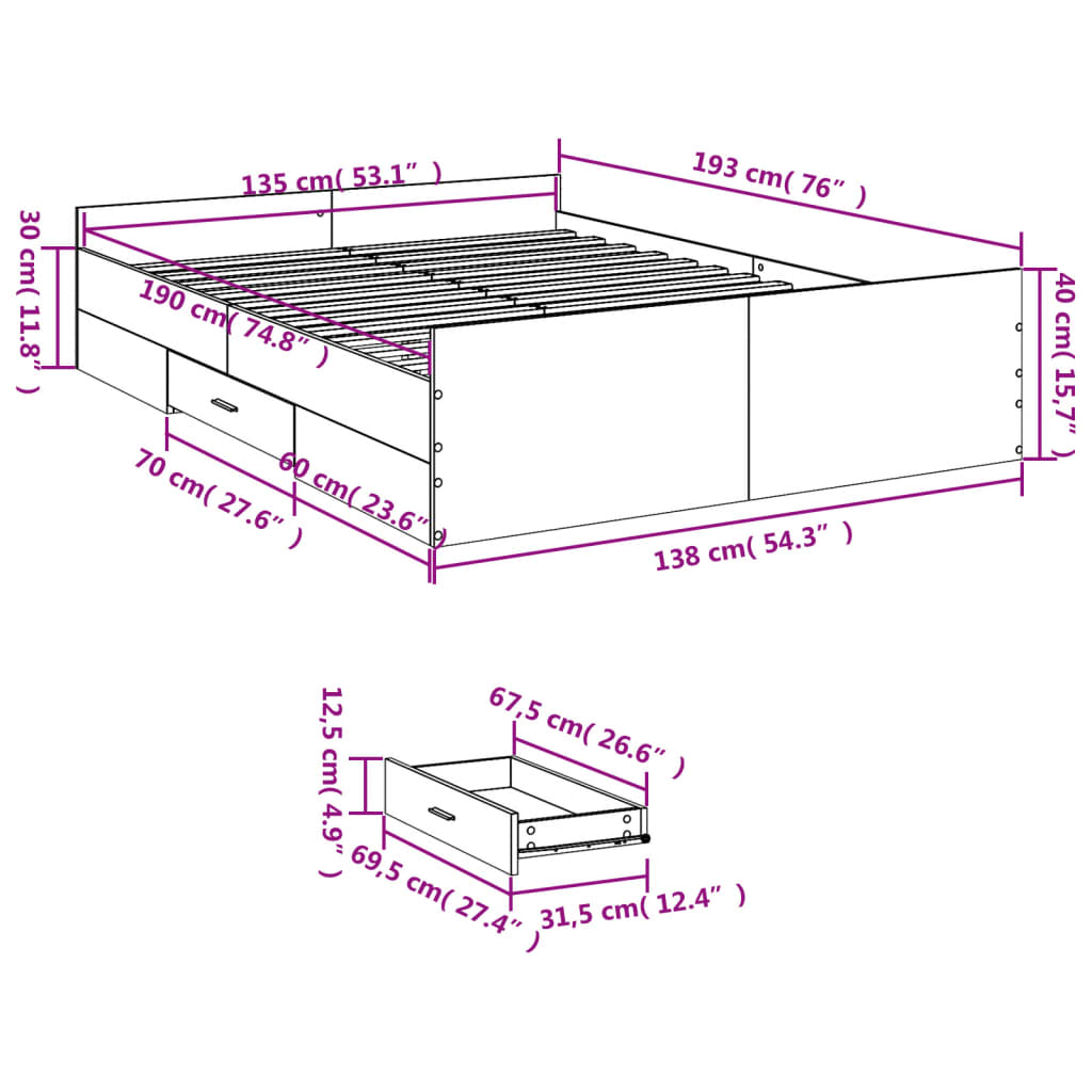 vidaXL Posteľný rám so zásuvkami biely 135x190 cm kompozitné drevo