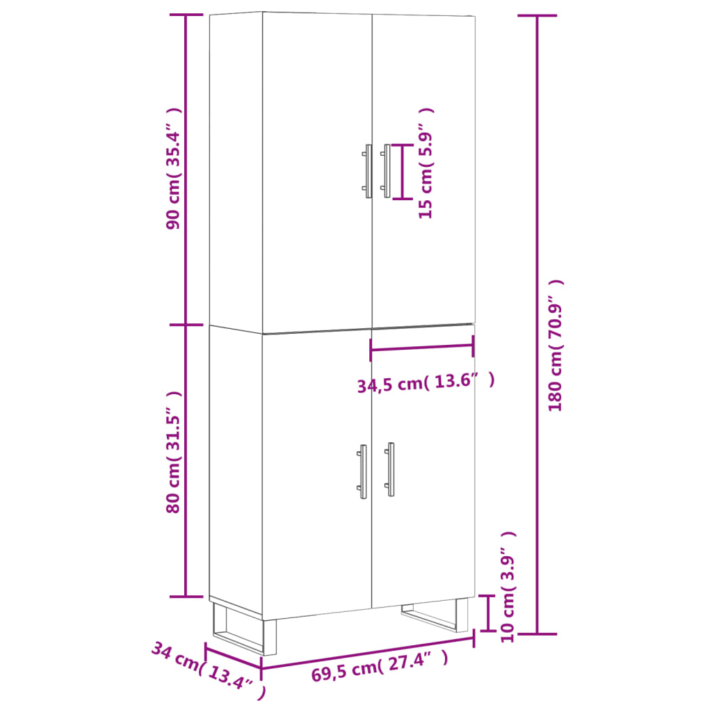 vidaXL Vysoká skrinka betónová sivá 69,5x34x180 cm spracované drevo