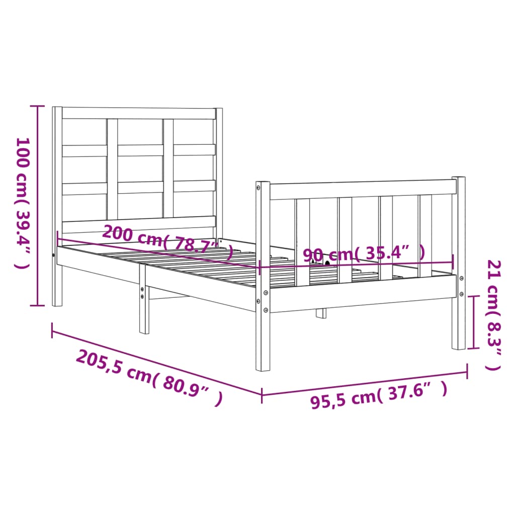 vidaXL Posteľný rám s čelom biely 90x200 cm masívne drevo