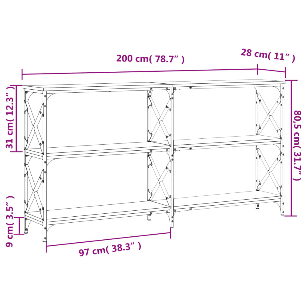 vidaXL Konzolový stolík sivý sonoma 200x28x80,5 cm kompozitné drevo