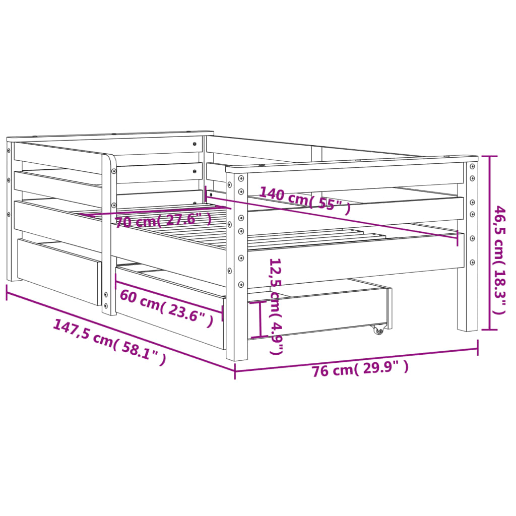 vidaXL Rám detskej postele so zásuvkami 70x140 cm masívna borovica